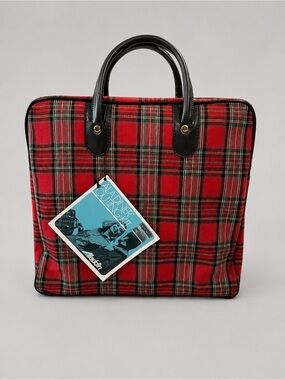 Aladdin Vintage Plaid Top Handle Travel Bag Red Tartan Mod Carryall picnic tote